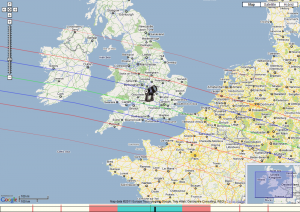 (106) Dione map prediction (106) Dione map prediction (centre line green, predicted shadow between blue lines, telescope is my location)