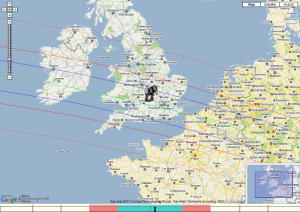 (106) Dione map prediction (centre line green, predicted shadow between blue lines, telescope is my location)