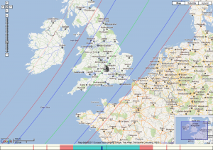 (48) Doris map prediction (106) Dione map prediction (centre line green, predicted shadow between blue lines, telescope is my location)