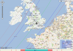 (106) Dione map prediction (centre line green, predicted shadow between blue lines, telescope is my location)