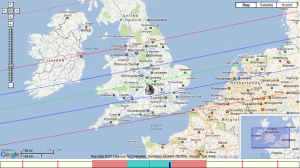 (1796) Riga map prediction (1796) Riga map prediction (centre line green, predicted shadow between blue lines, telescope is my location)