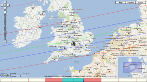 (1796) Riga map prediction (centre line green, predicted shadow between blue lines, telescope is my location)